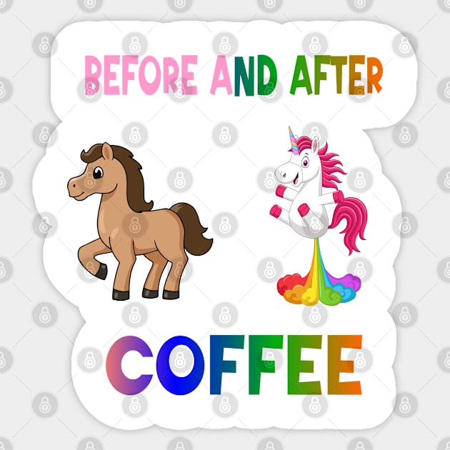 Before and after coffee Unicorn Sticker by A Zee Marketing